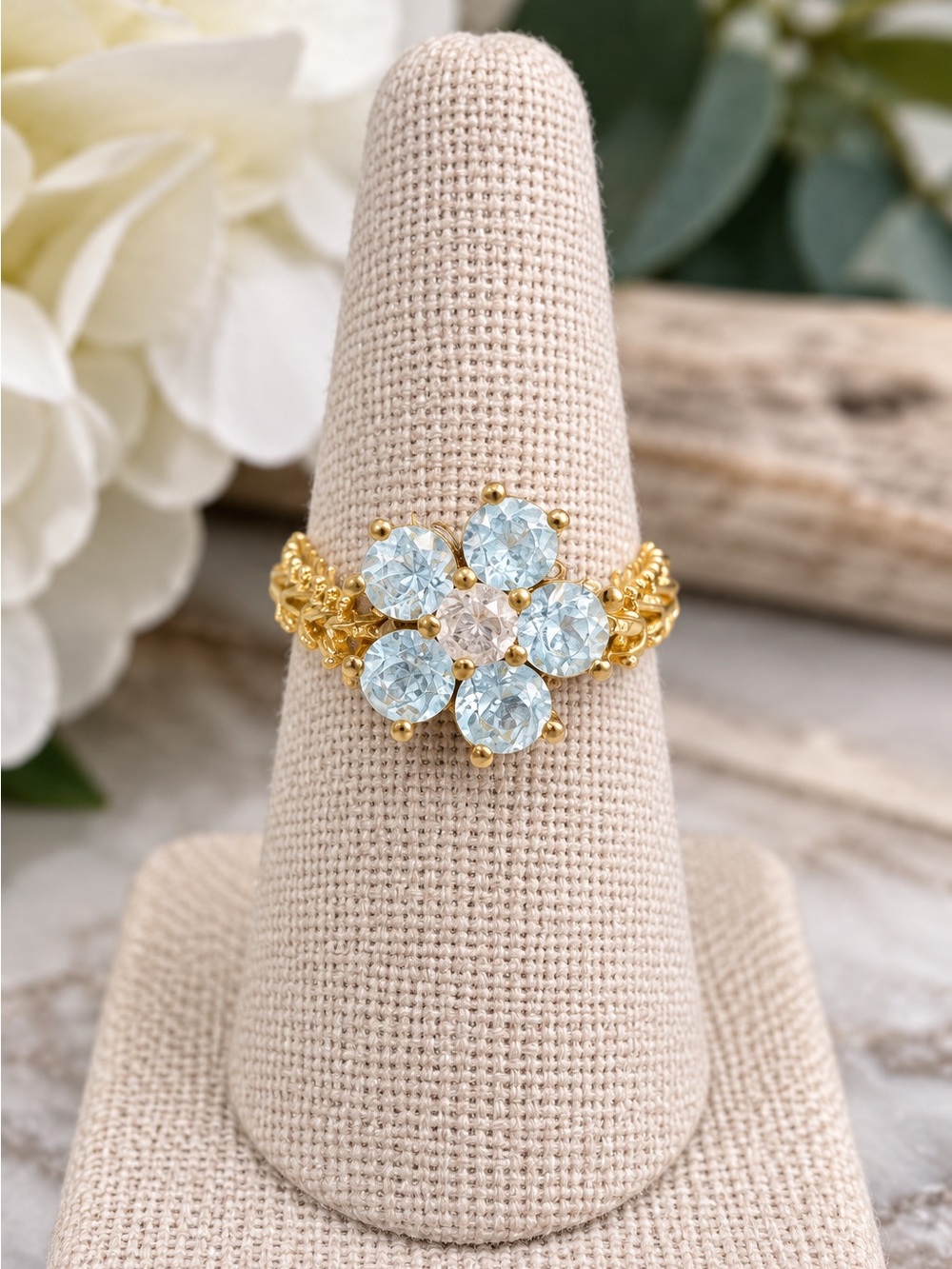 IMPERIAL GOLD 14K YELLOW GOLD AQUAMARINE FLOWER CHAIN RING BASKETWEAVE Size 8.5